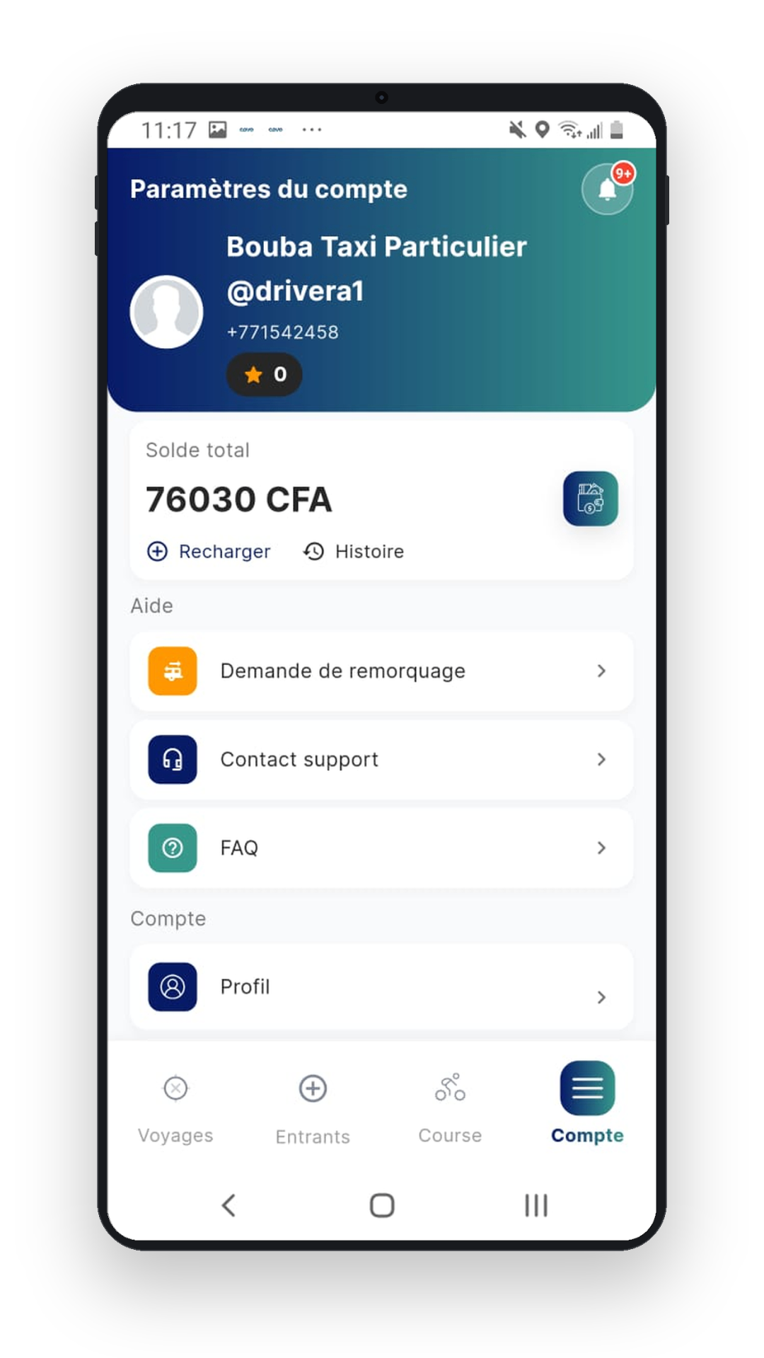 App chauffeur — Compte